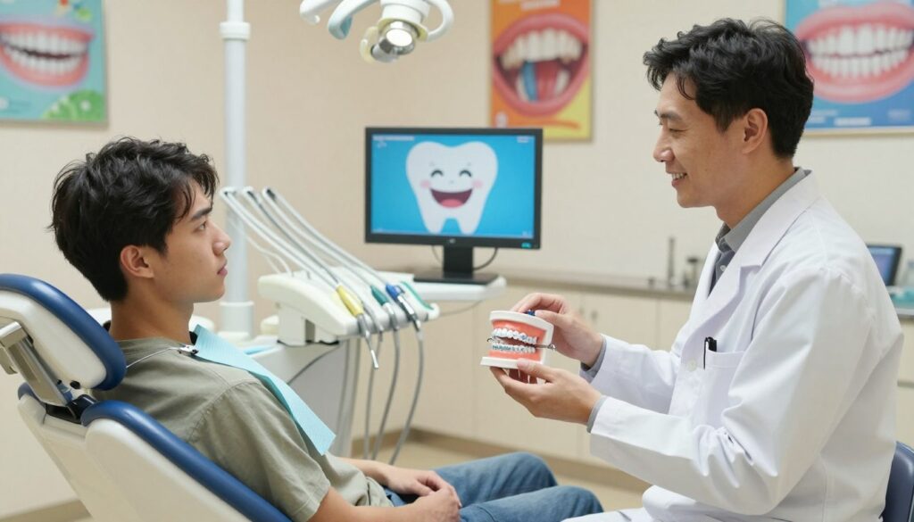 A dental clinic setting, focusing on patient preparation for braces installation. In the foreground, a young adult in modest casual clothing sits in a dental chair, looking slightly anxious yet hopeful. A friendly orthodontist, also in professional attire, stands beside them, holding a dental model and explaining the procedure. In the middle ground, various dental tools and equipment are neatly arranged on a nearby counter, while a digital screen displays a smiling cartoon tooth as a reminder of dental health. The background showcases colorful posters about dental hygiene on the walls and soft, warm lighting, creating a calm and reassuring atmosphere. The camera angle captures both the patient’s expressions and the orthodontist’s friendly demeanor, emphasizing a professional yet welcoming environment.