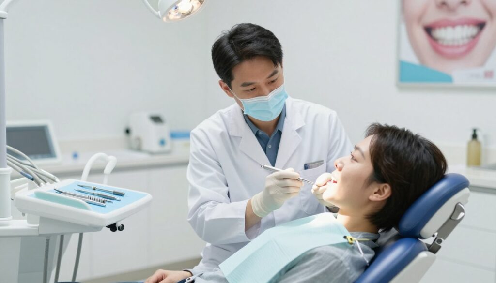 A dental clinic with a bright, sterile environment, focusing on the preparation of a patient for gum ablation treatment. In the foreground, a dentist in professional attire gently discusses the procedure with a seated patient, who appears calm and attentive. The dentist holds a dental tool, and the patient has a dental bib on, sitting in a modern dental chair. In the middle, a well-organized treatment area with various instruments neatly arranged on a tray. In the background, soft lighting illuminates the room, and there are posters on the walls depicting dental health. The atmosphere is calm and reassuring, conveying professionalism and care. The image captures a moment of patient-centered communication, highlighting the importance of preparation before a dental procedure.