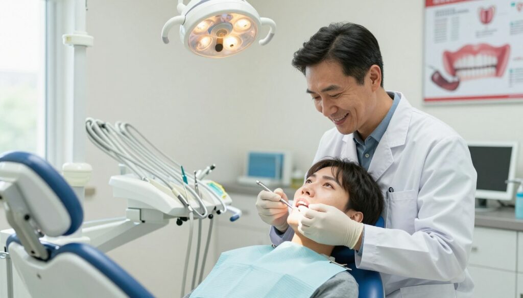 A dental office scene depicting a professional dentist examining a patient in a bright, welcoming environment. The foreground features the dentist, a middle-aged individual in a white coat, with a friendly expression, using dental instruments. The patient, a young adult in casual clothing, appears slightly anxious but reassured. In the middle ground, dental equipment such as an examination chair, tools, and an overhead light add realism to the setting. The background contains soft colors, medical posters about gum health, and a window letting in natural light. The atmosphere is calm and supportive, emphasizing the importance of seeking dental advice for gum health concerns. The lighting is bright yet soft, creating an inviting and safe space.