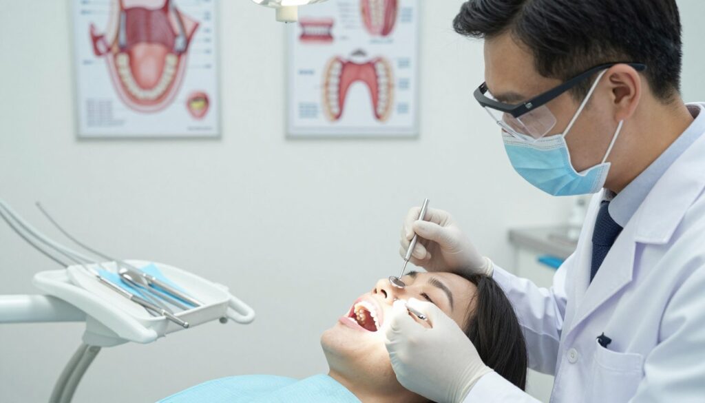 A dental professional examining a patient's gums, showcasing the intricate details of a dental diagnosis. The foreground features a dentist in a white lab coat and safety glasses, focused on inspecting the patient's mouth with a dental mirror and explorer. The middle ground highlights a dental chair and instruments neatly arranged on a tray. The background captures a bright, clean dental office with wall-mounted charts of oral anatomy and soothing colors. The lighting is soft and clinical, casting gentle shadows that emphasize the seriousness of the examination. The mood is one of professionalism and care, evoking a sense of trust in the dental practice.