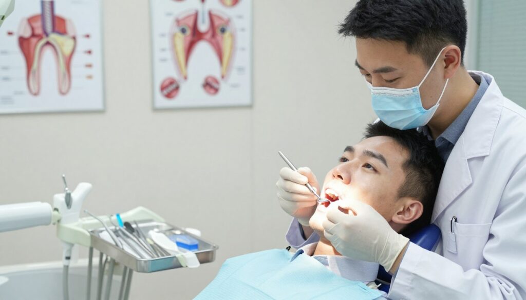 A dental professional in a white coat is performing an oral examination on a patient in a well-lit clinic. The foreground features the dentist using a dental mirror and explorer, focusing on the patient's gums. The patient, dressed in a modest collared shirt, appears calm as they sit in a dental chair. In the middle ground, various dental tools are neatly arranged on a tray while anatomical dental charts are displayed on the walls. The background showcases a bright, clean dental office with modern equipment, emphasizing a clinical and reassuring atmosphere. The lighting is soft and focused, creating a professional yet inviting mood. The angle is slightly above eye level, capturing the dentist's focused expression and the patient's attentive gaze.