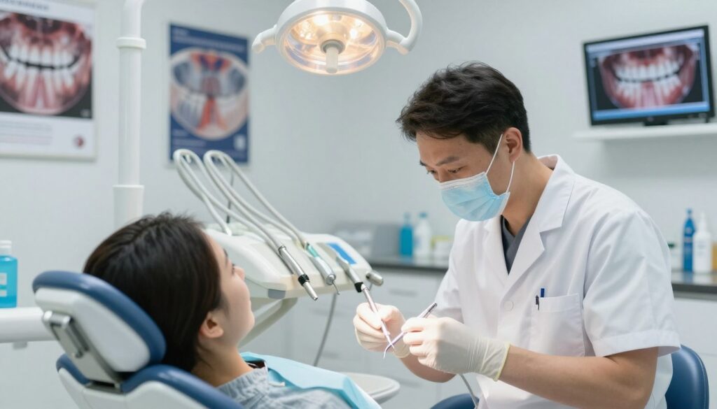 A dental treatment scene featuring a focused dentist in professional attire working on a patient in a modern, well-lit dental clinic. The foreground shows the dentist gently using dental tools on a patient seated in a comfortable dental chair, with a bright overhead light illuminating the procedure. In the middle, various dental instruments and equipment are neatly arranged, emphasizing a clean and sterile environment. The background includes dental posters, a monitor displaying dental diagrams, and shelves with dental products, creating a clinical yet welcoming atmosphere. Soft, natural lighting enhances the focus on the procedure, conveying a sense of professionalism and care in dental health. The overall mood is calm and reassuring, suited for conveying the significance of root canal treatments and endodontics.