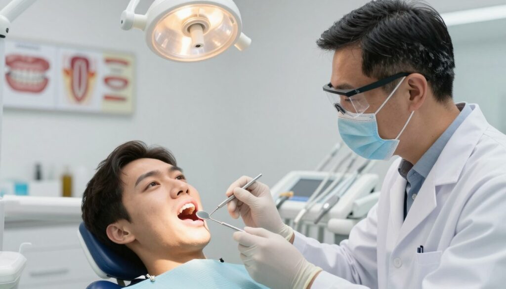 A dentist in a modern dental office, examining a patient's teeth for signs of tooth decay. The foreground features a close-up of the dentist, a middle-aged professional in a lab coat and safety glasses, holding a dental mirror and explorer. In the middle of the image, the patient reclines in a dental chair, mouth open, with a focused expression on their face. The background shows a well-lit dental room, with dental tools, charts of teeth anatomy, and a bright overhead lamp casting soft, warm light. The atmosphere is clinical yet calm, conveying professionalism and care in a routine examination. The image captures a moment of diagnosis, highlighting the assessment of dental health.