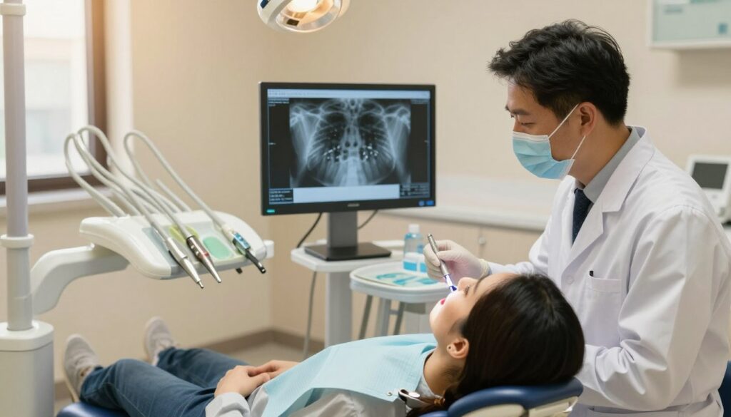 A dentist's office interior showcasing a professional dental setup focusing on a patient reclined in a dental chair, wearing a disposable dental bib. The dentist, clad in a clean white coat and gloves, expertly examines a digital X-ray displayed on a monitor. Various dental tools neatly arranged on a tray glisten under warm, soft lighting, creating an inviting atmosphere. In the background, a window with soft natural light filtering in adds to the calm ambiance. The composition captures the detail of dental equipment while emphasizing the professional environment, illustrating the concept of root canal treatment in a typical setting, focusing on care and expertise. The overall mood is reassuring and informative, reflecting the theme of typical dental visits.