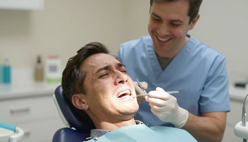A dentist’s office setting, focusing on a dental chair with a patient, a middle-aged man in a professional outfit, showing a subtle expression of discomfort while undergoing teeth whitening. Soft, warm lighting illuminates the scene, highlighting dental tools in the foreground and a smiling dentist in casual yet modest attire in the background, preparing to assist. A close-up shot captures the patient’s face, showcasing a slight wince, which conveys the sensation of teeth sensitivity. The atmosphere feels clinical yet approachable, evoking the mixed emotions associated with dental procedures. Soft shadows are cast across the room, emphasizing the tension and concern in the patient's expression, while maintaining a clean and organized environment that reflects professionalism in dental care. A dentist’s office setting, focusing on a dental chair with a patient, a middle-aged man in a professional outfit, showing a subtle expression of discomfort while undergoing teeth whitening. Soft, warm lighting illuminates the scene, highlighting dental tools in the foreground and a smiling dentist in casual yet modest attire in the background, preparing to assist. A close-up shot captures the patient’s face, showcasing a slight wince, which conveys the sensation of teeth sensitivity. The atmosphere feels clinical yet approachable, evoking the mixed emotions associated with dental procedures. Soft shadows are cast across the room, emphasizing the tension and concern in the patient's expression, while maintaining a clean and organized environment that reflects professionalism in dental care.