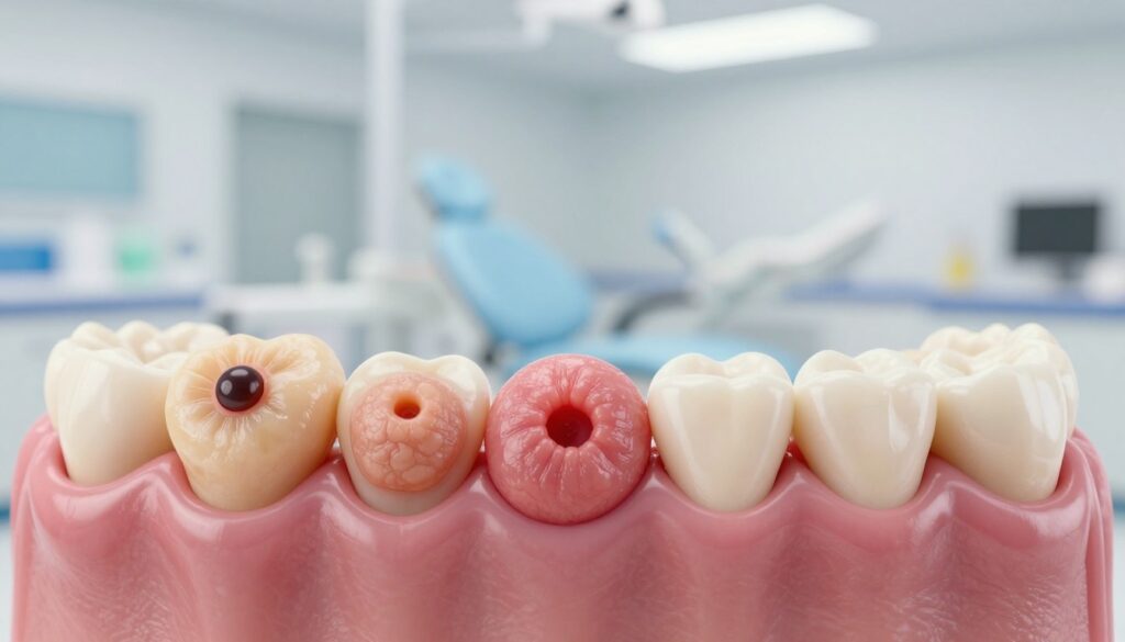 A detailed anatomical illustration of different types of pus-filled abscesses in the oral cavity, specifically on a child's gum. In the foreground, focus on a clear close-up of several variations of dental abscesses, showcasing their distinct appearances, such as color, size, and texture. In the middle ground, depict a soft, textured anatomical model of a child's jaw and teeth, providing context to the abscesses. The background features a blurred, clinical dental office setting with soft, diffused lighting that creates a sterile atmosphere. The image aims to convey a sense of urgency and professionalism while educating viewers on oral health. Use a realistic lens angle to enhance the details of the gum tissue and abscesses without any text or annotations.