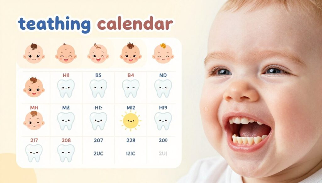 A detailed and educational illustration of a "teething calendar," featuring a colorful, organized layout that outlines the timeline for the emergence of baby teeth. In the foreground, a visual representation of a baby's gums with some emerging teeth is displayed prominently, along with age markers indicating when each set appears. In the middle ground, a clear and structured calendar format lays out the months, with playful, cartoonish illustrations of smiling babies and tooth icons. The background is soft and warm, using gentle pastels to create a nurturing atmosphere. The lighting is bright but soft, emphasizing a cheerful mood. Ensure the image is free of any text or logos, focusing solely on the visual aspects to convey the teething process in a friendly and informative manner. A detailed and educational illustration of a "teething calendar," featuring a colorful, organized layout that outlines the timeline for the emergence of baby teeth. In the foreground, a visual representation of a baby's gums with some emerging teeth is displayed prominently, along with age markers indicating when each set appears. In the middle ground, a clear and structured calendar format lays out the months, with playful, cartoonish illustrations of smiling babies and tooth icons. The background is soft and warm, using gentle pastels to create a nurturing atmosphere. The lighting is bright but soft, emphasizing a cheerful mood. Ensure the image is free of any text or logos, focusing solely on the visual aspects to convey the teething process in a friendly and informative manner.