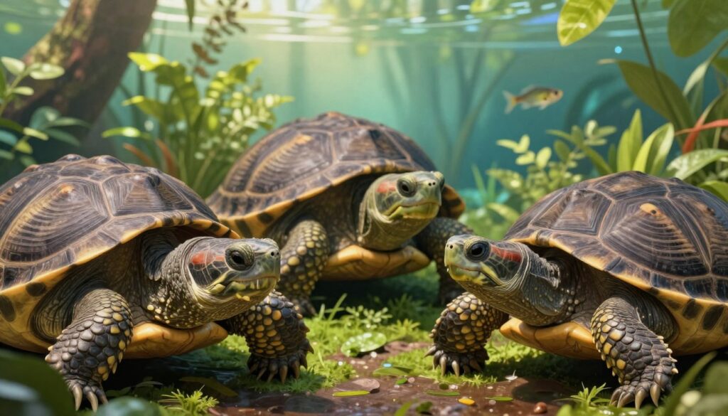 A detailed and vibrant illustration of three types of turtles: a carnivorous turtle with sharp, rugged edges on its beak, showcasing a fierce expression; an herbivorous turtle with a smooth, rounded beak, surrounded by lush, green foliage and diverse plant life; and an omnivorous turtle displaying a balanced beak, set against a backdrop of a balanced aquatic environment combining both plants and small fish. The foreground features close-ups of their unique adaptations for feeding, focusing on texture and color variations. In the background, a gentle, dappled sunlight filters through leaves, creating a peaceful atmosphere. Use a shallow depth of field to enhance the focus on the turtles, capturing the essence of their dietary needs and environments in a realistic, dynamic composition. A detailed and vibrant illustration of three types of turtles: a carnivorous turtle with sharp, rugged edges on its beak, showcasing a fierce expression; an herbivorous turtle with a smooth, rounded beak, surrounded by lush, green foliage and diverse plant life; and an omnivorous turtle displaying a balanced beak, set against a backdrop of a balanced aquatic environment combining both plants and small fish. The foreground features close-ups of their unique adaptations for feeding, focusing on texture and color variations. In the background, a gentle, dappled sunlight filters through leaves, creating a peaceful atmosphere. Use a shallow depth of field to enhance the focus on the turtles, capturing the essence of their dietary needs and environments in a realistic, dynamic composition.