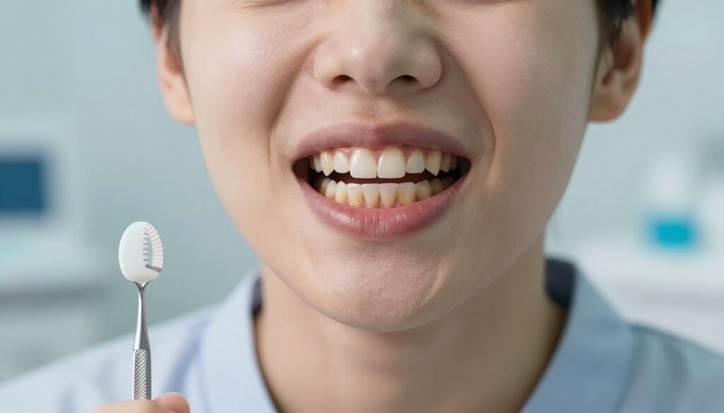 A detailed, close-up image illustrating oral health risks associated with teeth whitening. In the foreground, focus on a concerned person with their mouth slightly open, revealing subtly stained teeth and signs of gum sensitivity, dressed in professional casual attire. In the middle ground, display dental tools and whitening products like trays and gels, emphasizing the contrast between brightening agents and dental discomfort. The background should have a softly blurred dental clinic environment, featuring calming shades of blue and white, to evoke a sense of professionalism and care. Use soft, warm lighting to create an inviting atmosphere, while highlighting the textures of the oral cavity and dental products. Aim for a realistic, educational tone that conveys the nuances of dental sensitivity. A detailed, close-up image illustrating oral health risks associated with teeth whitening. In the foreground, focus on a concerned person with their mouth slightly open, revealing subtly stained teeth and signs of gum sensitivity, dressed in professional casual attire. In the middle ground, display dental tools and whitening products like trays and gels, emphasizing the contrast between brightening agents and dental discomfort. The background should have a softly blurred dental clinic environment, featuring calming shades of blue and white, to evoke a sense of professionalism and care. Use soft, warm lighting to create an inviting atmosphere, while highlighting the textures of the oral cavity and dental products. Aim for a realistic, educational tone that conveys the nuances of dental sensitivity.
