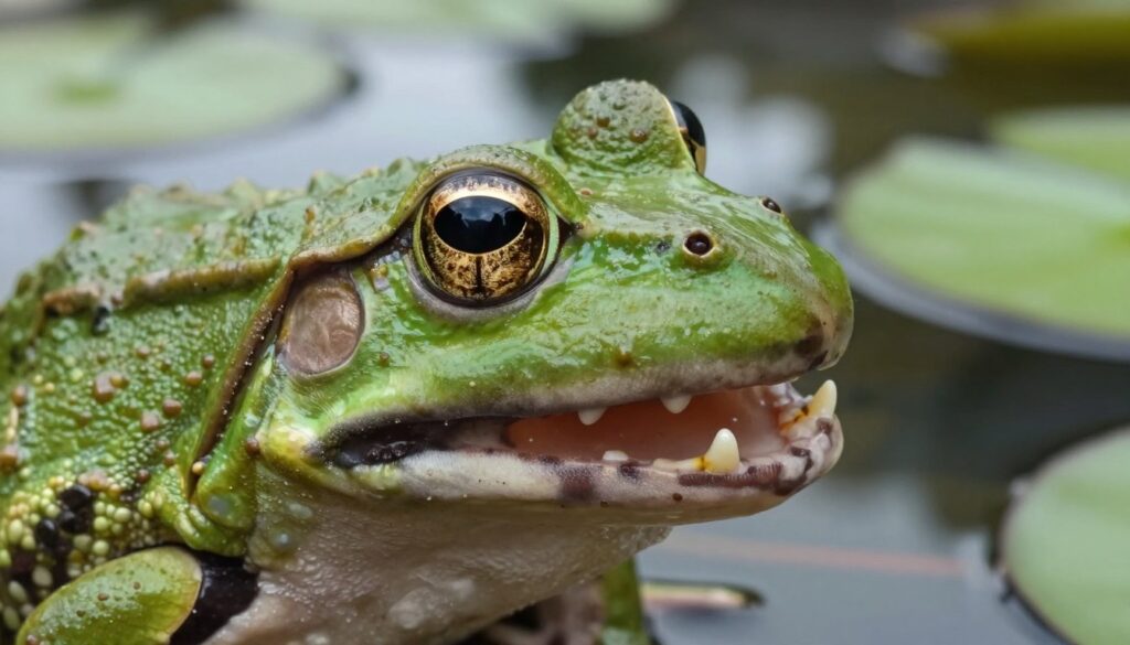 A detailed close-up image of a frog's upper jaw, showcasing the unique structure and texture of its teeth. The upper jaw should be prominently displayed in the foreground, highlighting the curved, bony morphology and small, peg-like teeth. The middle ground should feature a blurred view of the frog’s bright green skin, emphasizing its wet and textured surface under soft lighting. In the background, include a naturalistic pond environment with hints of lily pads and reflections of the sky, creating a serene atmosphere. The lighting is soft and diffused, capturing the details without harsh shadows, and the angle is slightly tilted down to give a comprehensive view of the frog's dental structure. The overall mood is calm and educational, perfect for illustrating the subject of amphibian dental anatomy.