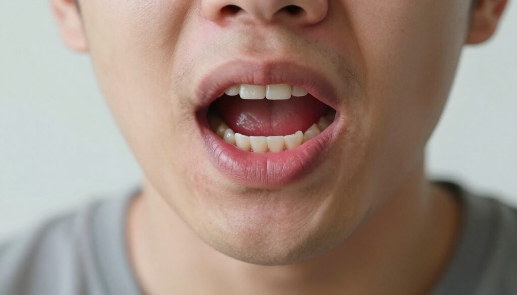 A detailed close-up image of a person's mouth, showing inflamed gums with redness and slight swelling, expressing discomfort and pain. The focus should be on the gums surrounding the teeth, illustrating the signs of gum inflammation commonly mistaken for cold-related pain. The setting should be softly lit with natural lighting to create a realistic atmosphere. The background should be softly blurred, emphasizing the mouth while maintaining a clinical tone. The person should be depicted in modest casual attire, showing a neutral expression to convey the commonality of the symptoms. The overall mood should be informative and empathetic, suitable for an educational context.