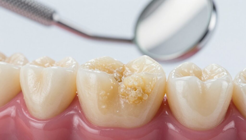 A detailed close-up image of dental calculus (tartar) on a set of teeth, showcasing its rough, yellowish surface against the smooth enamel. In the foreground, focus on a molar tooth heavily coated with tartar, emphasizing the texture and contrast between the hard deposit and the shiny enamel. In the middle ground, depict surrounding teeth with varying levels of plaque buildup. The background should be softly blurred to suggest a dental environment, possibly including tools like a toothbrush or dental mirror. The lighting should be bright and clinical, enhancing the details and creating a sterile atmosphere. The overall mood is educational and informative, perfect for highlighting dental hygiene issues related to gum disease.