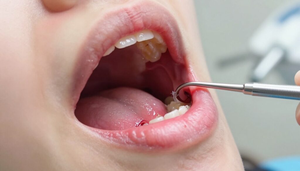 A detailed close-up of a healthy human mouth immediately after tooth extraction, focusing on the extraction site where the tooth was removed. The foreground features the gum tissue, showing slight redness and swelling, with a clear view of the empty socket and healing tissue. In the middle ground, there are healing stages, like fibrin clots forming over the area, indicating natural recovery. The background subtly fades into a softly blurred dental clinic, equipped with sterile instruments and comforting elements like soft lighting. The overall atmosphere is clinical yet reassuring, highlighting the healing process. The lighting is bright and even, capturing intricate details. Emphasize the colors of healthy pink gums against the pale interior of the mouth. No people should be present in the image.