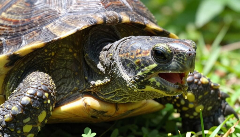 A detailed close-up of a turtle's head and body, focusing specifically on the unique structure of the "pancerz karapaks plastron." The plastron is beautifully textured with intricate patterns and vibrant colors, showcasing its hardness. The turtle's beak-like mouth is partially open, revealing the keratinous 'toothless' edge used for grinding food. Set against a naturalistic environment with soft sunlight filtering through lush greenery, creating dappled light effects on the turtle's shell. The composition is captured from a slightly low angle to emphasize the turtle’s distinctive features. The atmosphere is serene and educational, inviting viewers to appreciate the anatomy of the turtle as it relates to its feeding habits. A detailed close-up of a turtle's head and body, focusing specifically on the unique structure of the "pancerz karapaks plastron." The plastron is beautifully textured with intricate patterns and vibrant colors, showcasing its hardness. The turtle's beak-like mouth is partially open, revealing the keratinous 'toothless' edge used for grinding food. Set against a naturalistic environment with soft sunlight filtering through lush greenery, creating dappled light effects on the turtle's shell. The composition is captured from a slightly low angle to emphasize the turtle’s distinctive features. The atmosphere is serene and educational, inviting viewers to appreciate the anatomy of the turtle as it relates to its feeding habits.