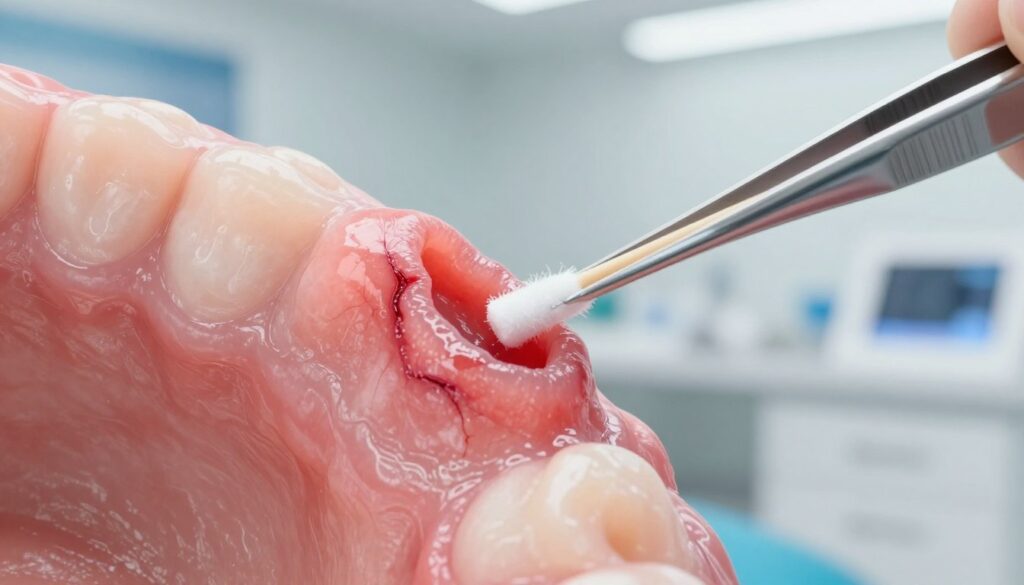 A detailed close-up of an inflamed gum area with a focus on a cut along the gum line. The foreground features a precise rendering of the soft tissue, showcasing redness and slight swelling, illustrating the discomfort associated with a cut gum. In the middle, a dental instrument, like tweezers or a cotton swab, is gently placed nearby, suggesting care without directly touching the wound. The background is blurred, depicting a clinical setting, such as an organized dental office with soft lighting to create a calm and reassuring atmosphere. The entire composition should evoke a sense of professionalism and concern for health, emphasizing relief and careful management of pain and swelling around the affected area.
