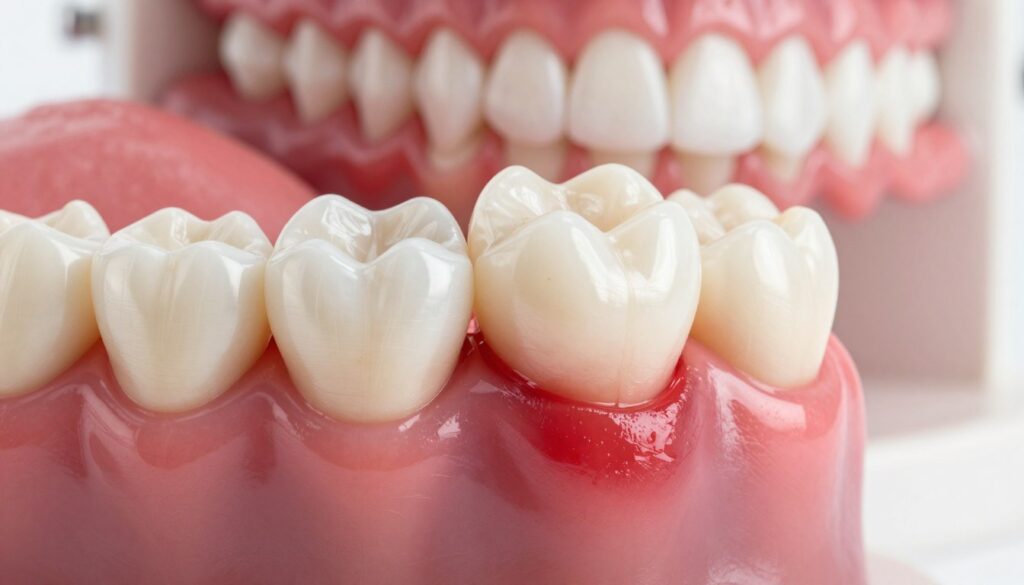 A detailed close-up of healthy and inflamed gums surrounding a tooth, illustrating the symptoms of gum inflammation. In the foreground, focus on the inflamed gum tissue, showcasing a swollen, red area at the base of the tooth, with slight bleeding. The middle ground includes the tooth in question, displaying signs of plaque accumulation. In the background, there is a blurred dental model or anatomical diagram highlighting gum health for context. The lighting is bright and clinical, emphasizing the textures and colors of the gums. The overall mood is informative and focused, suitable for a medical article, without any human subjects or other distractions.