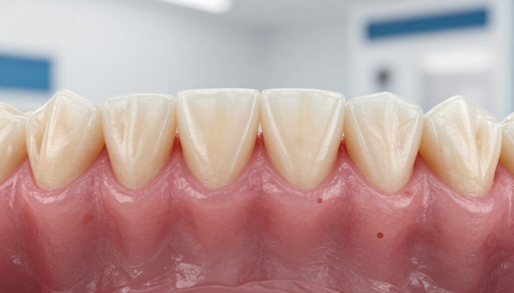 A detailed close-up of healthy and receding gum tissue around human teeth, focusing on exposed tooth roots, highlighting the contrast between healthy pink gums and light yellowed areas of recession. The foreground features a high-resolution view of the gums, showing texture and potential irregularities associated with gum recession. The middle layer includes partially visible teeth with a slight shine to emphasize dental health. The background should be softly blurred, hinting at a clinical dental environment to suggest professionalism. The lighting is bright, mimicking an examination room with soft shadows to create depth and focus on the gums. The mood is clinical yet approachable, conveying the importance of dental health awareness.