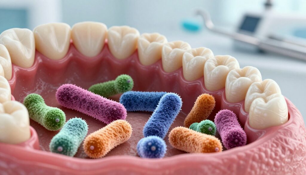 A detailed close-up of the human oral cavity showcasing bacteria present in the mouth, focusing on the teeth and gums. The foreground features magnified clusters of vibrant, colorful bacteria with varied shapes and sizes, illustrating their diversity. In the middle ground, a cross-section of healthy and inflamed gum tissue, emphasizing the contrast between normal and diseased state. The background shows a blurred, clinical setting with dental tools, suggesting a diagnostic environment. Bright, natural lighting enhances the vivid colors of the bacteria, while soft shadows add depth to the image. The overall mood should be informative and scientific, capturing the complexity of oral health and the role of bacteria in gum diseases. A detailed close-up of the human oral cavity showcasing bacteria present in the mouth, focusing on the teeth and gums. The foreground features magnified clusters of vibrant, colorful bacteria with varied shapes and sizes, illustrating their diversity. In the middle ground, a cross-section of healthy and inflamed gum tissue, emphasizing the contrast between normal and diseased state. The background shows a blurred, clinical setting with dental tools, suggesting a diagnostic environment. Bright, natural lighting enhances the vivid colors of the bacteria, while soft shadows add depth to the image. The overall mood should be informative and scientific, capturing the complexity of oral health and the role of bacteria in gum diseases.