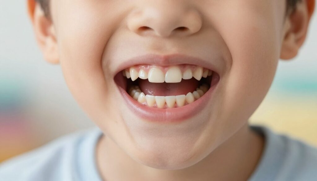 A detailed close-up view of a child's mouth, showcasing the emergence of permanent teeth, specifically focusing on molars and incisors. The foreground features the child's teeth, partially visible gums with small gaps where baby teeth have fallen out. In the middle ground, a soft light illuminates the scene, highlighting the texture and color of the teeth and gums. The background is blurred but suggests a playful, warm environment, such as a bright room with soft pastel colors. The atmosphere is curious and cheerful, reflecting the natural process of dental development. The child is depicted in comfortable, modest casual clothing, enhancing the relatable feel of the image.