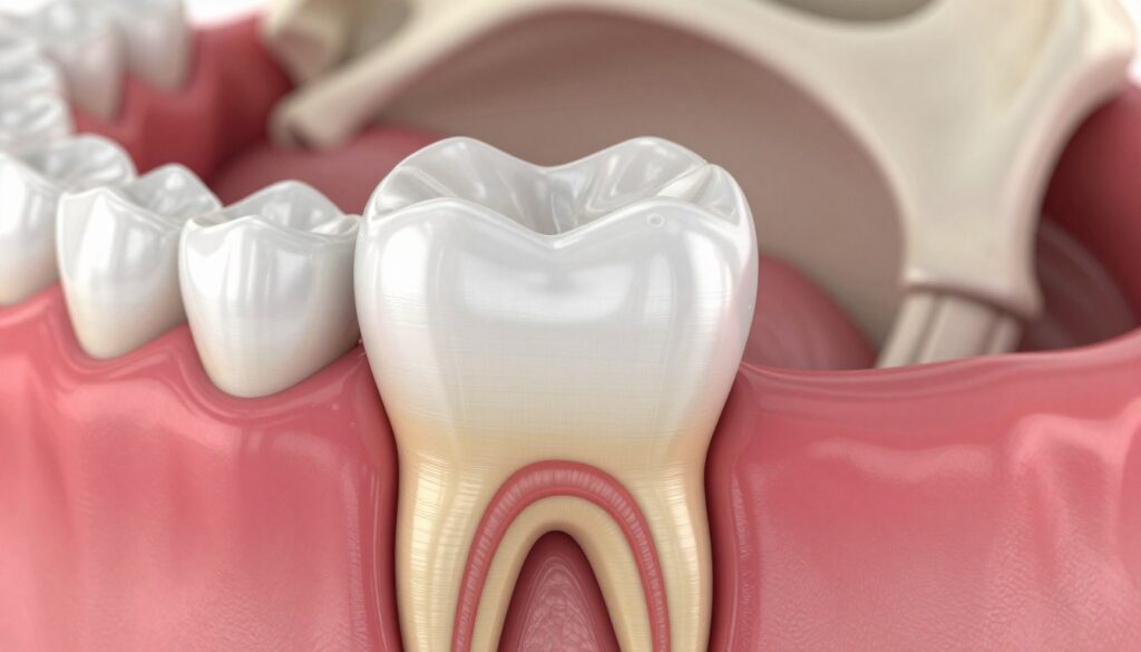 A detailed cross-section of a human tooth, showcasing its composition within the oral cavity. In the foreground, illustrate the tooth with a glossy enamel surface, vibrant dentin layer, and intricate pulp chamber, highlighting detailed textures and structures. In the middle ground, depict surrounding gum tissue and adjacent molars for context, emphasizing their contrast in color and texture. The background should feature a soft-focus representation of the jawbone, subtly lit to provide depth without distracting from the tooth. Use natural lighting to enhance the sheen of the enamel, creating a realistic and educational atmosphere. The image should be scientifically accurate, visually striking, and informative, without any text or visual clutter. A detailed cross-section of a human tooth, showcasing its composition within the oral cavity. In the foreground, illustrate the tooth with a glossy enamel surface, vibrant dentin layer, and intricate pulp chamber, highlighting detailed textures and structures. In the middle ground, depict surrounding gum tissue and adjacent molars for context, emphasizing their contrast in color and texture. The background should feature a soft-focus representation of the jawbone, subtly lit to provide depth without distracting from the tooth. Use natural lighting to enhance the sheen of the enamel, creating a realistic and educational atmosphere. The image should be scientifically accurate, visually striking, and informative, without any text or visual clutter.