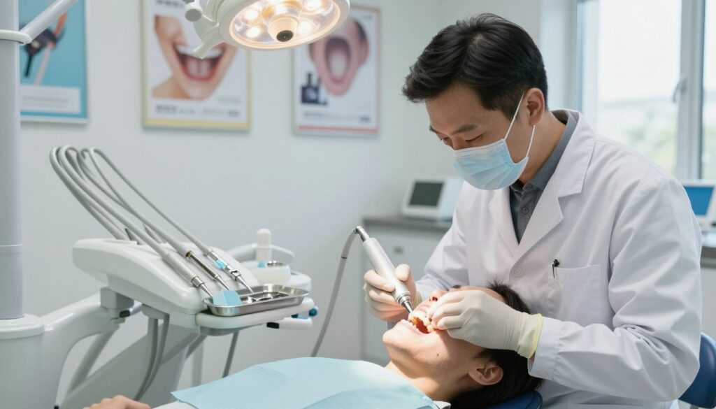 A detailed dental clinic scene showcasing a step-by-step process of teeth sandblasting. In the foreground, a dentist, dressed in professional white lab attire and wearing surgical gloves and a mask, is carefully operating a sandblasting device on a patient's teeth, who is seated comfortably in a modern dental chair. The middle ground features various dental tools and equipment neatly organized on a surgical tray, with a soft, warm light highlighting the precision instruments. In the background, a clean, well-lit dental office is visible, with framed dental hygiene posters on the walls and a window letting in natural light, adding a calming atmosphere. The overall mood communicates professionalism and cleanliness, emphasizing the meticulous nature of dental care and the sandblasting procedure.