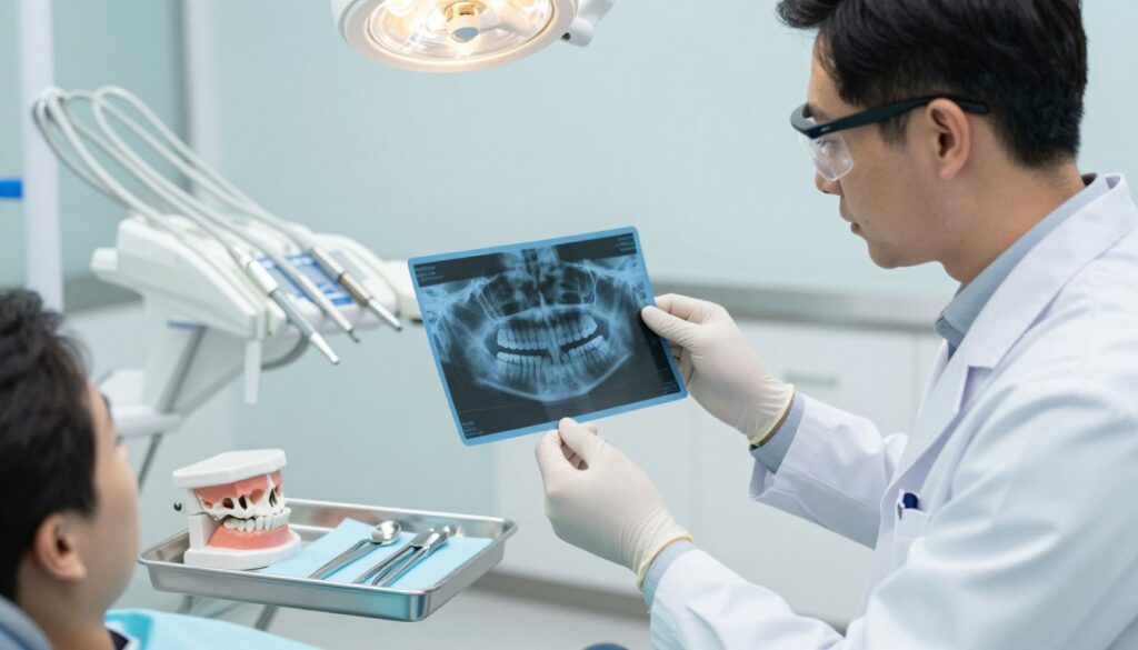 A detailed dental diagnostic scene depicting a professional dentist examining an X-ray of a patient’s mouth. In the foreground, the dentist, dressed in a crisp white coat with safety goggles, closely studies the X-ray on a light box. The middle layer features dental instruments laid out neatly on a sterile tray and a human skull model with teeth visibly impacted to illustrate the concept of a retained tooth. In the background, a modern dental clinic setting with bright, evenly distributed lighting, emphasizing cleanliness and professionalism. The atmosphere conveys a sense of thorough examination and care, evoking trust in the dental process. The overall color palette is soft with blues and whites, enhancing the clinical feel of the setting.