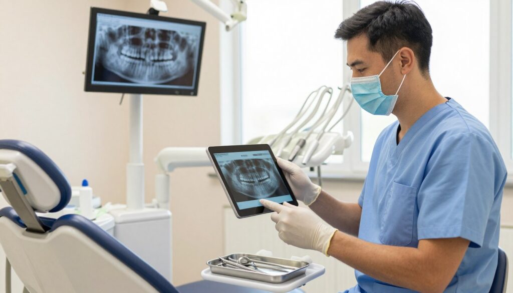 A detailed dental examination scene in a bright, well-lit dental office. In the foreground, a dentist, dressed in professional scrubs and a mask, is examining an X-ray of a tooth on a digital tablet. The dentist's expression is focused and thoughtful, indicating the assessment of the tooth's condition. In the middle ground, a modern dental chair is positioned next to a tray filled with dental tools, reflecting the clinical environment. In the background, a wall-mounted screen displays anatomical diagrams of teeth, enhancing the educational aspect. Soft, natural light streams in through a window, creating an inviting atmosphere. The color palette features warm whites and calming blues to evoke a sense of professionalism and trust. A detailed dental examination scene in a bright, well-lit dental office. In the foreground, a dentist, dressed in professional scrubs and a mask, is examining an X-ray of a tooth on a digital tablet. The dentist's expression is focused and thoughtful, indicating the assessment of the tooth's condition. In the middle ground, a modern dental chair is positioned next to a tray filled with dental tools, reflecting the clinical environment. In the background, a wall-mounted screen displays anatomical diagrams of teeth, enhancing the educational aspect. Soft, natural light streams in through a window, creating an inviting atmosphere. The color palette features warm whites and calming blues to evoke a sense of professionalism and trust.