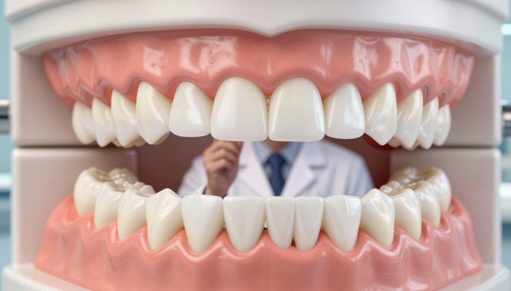 A detailed dental illustration focusing on hypodontia, featuring a close-up of a human mouth displaying a dental model. In the foreground, a realistic representation of teeth with noticeable gaps where wisdom teeth should be, emphasizing the rarity and impact of hypodontia. The middle layer includes a dental professional in a lab coat examining the model, demonstrating a calm and informative demeanor. The background showcases a softly lit dental clinic, with dental tools and charts illustrating tooth development. The overall mood is educational and clinical, aimed at enhancing understanding of dental health. The lighting is bright yet soft, highlighting the subject matter without harsh shadows.