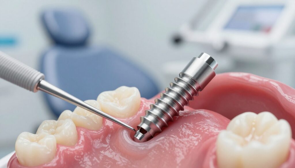 A detailed dental implant procedure, featuring a close-up view of a dental implant placed in a human jaw. In the foreground, focus on the shiny titanium implant with precise detailing, showcasing its threads and stability. In the middle ground, display the surrounding healthy gum tissue, emphasizing the healing aspect. In the background, subtly incorporate dental tools and a soft-focused dental chair to suggest a clinical environment. The lighting should be bright and sterile, highlighting the meticulous nature of dental work, while creating a calm and professional atmosphere. Use a shallow depth of field to draw attention to the implant, ensuring a clean and clear presentation without any distracting elements.