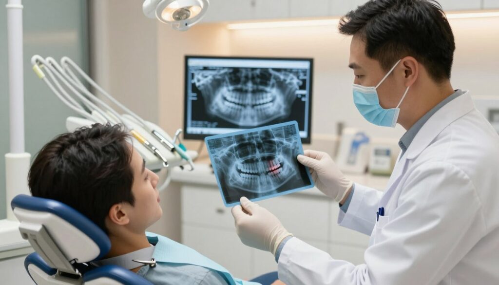 A detailed dental treatment scene in a well-lit, modern dental office. In the foreground, a dentist in professional attire attentively examines a patient's dental X-rays, displaying areas of bone loss around the teeth. The patient, seated in a comfortable dental chair, looks calm and engaged. In the middle ground, various dental tools and a computer screen with digital images of teeth and bone density scans are visible, suggesting advanced technology. The background features soft, ambient lighting that creates a warm, reassuring atmosphere, highlighting the importance of dental care and treatment. Focused angles emphasize the dentist-patient interaction, conveying a sense of hope and professionalism in addressing bone loss around teeth.