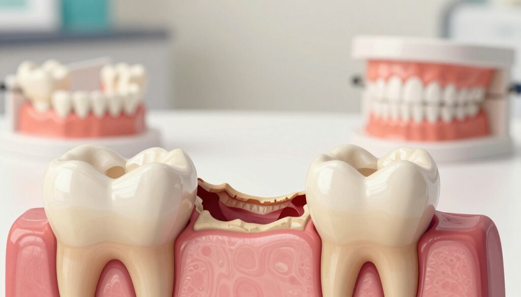 A detailed, educational illustration depicting the process of bone resorption after tooth extraction. In the foreground, show a tooth socket with visible indications of bone loss, such as atrophied bone structure around a recently extracted tooth. In the middle, include a subtle illustration of healthy bone contrasted with the decayed, eroded bone, highlighting the ongoing process of resorption. In the background, a soft-focus dental clinic setting with anatomical models of teeth and jawbones. Use warm, natural lighting to create a professional yet inviting atmosphere, with an emphasis on clarity and realism. The angle should be slightly elevated, providing an informative view that reflects the gradual nature of bone loss in a post-extraction context.