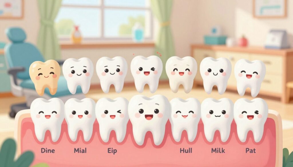 A detailed, educational illustration of the order of primary teeth eruption in children. The foreground features a large, friendly tooth chart displaying the specific sequence of milk teeth appearing, labeled clearly with the names of each tooth. In the middle, various soft cartoon-style teeth showcase their developmental stages, with vibrant colors and engaging facial expressions to evoke a sense of child-friendly warmth. The background consists of a softly blurred, cheerful pediatric dental office, bathed in warm, natural light from a window, emphasizing a nurturing environment. The angle is slightly tilted downwards to create an inviting perspective for parents. The overall mood is informative and playful, making it an ideal visual for understanding the timeline of infants' tooth eruption. A detailed, educational illustration of the order of primary teeth eruption in children. The foreground features a large, friendly tooth chart displaying the specific sequence of milk teeth appearing, labeled clearly with the names of each tooth. In the middle, various soft cartoon-style teeth showcase their developmental stages, with vibrant colors and engaging facial expressions to evoke a sense of child-friendly warmth. The background consists of a softly blurred, cheerful pediatric dental office, bathed in warm, natural light from a window, emphasizing a nurturing environment. The angle is slightly tilted downwards to create an inviting perspective for parents. The overall mood is informative and playful, making it an ideal visual for understanding the timeline of infants' tooth eruption.