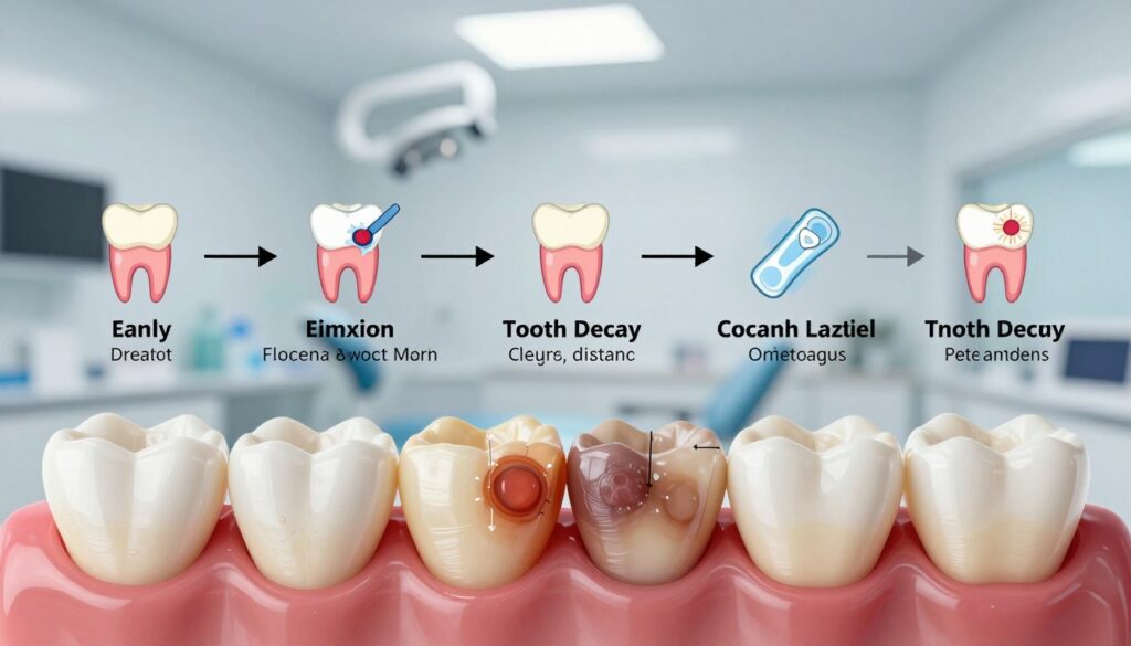 A detailed, educational illustration of the stages of tooth decay, emphasizing the progression from early to advanced cavities. In the foreground, display close-up images of healthy teeth transforming into various stages of decay, showcasing color changes and texture differences. The middle layer should include visual markers for each stage, with clear labels and concise descriptions, highlighting the implications for treatment. In the background, incorporate a dental clinic environment, softly lit to create a calm, informative atmosphere. Use a macro lens perspective to capture intricate details, enhancing the educational focus of the image. The overall mood should be professional and instructive, suitable for a healthcare context, ensuring clarity and engagement for viewers. A detailed, educational illustration of the stages of tooth decay, emphasizing the progression from early to advanced cavities. In the foreground, display close-up images of healthy teeth transforming into various stages of decay, showcasing color changes and texture differences. The middle layer should include visual markers for each stage, with clear labels and concise descriptions, highlighting the implications for treatment. In the background, incorporate a dental clinic environment, softly lit to create a calm, informative atmosphere. Use a macro lens perspective to capture intricate details, enhancing the educational focus of the image. The overall mood should be professional and instructive, suitable for a healthcare context, ensuring clarity and engagement for viewers.