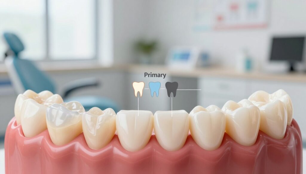 A detailed, educational illustration showcasing the differences between primary (baby) teeth and permanent teeth. In the foreground, display an anatomical close-up of a child’s mouth with both types of teeth: bright, small, and slightly translucent milk teeth on one side, and larger, robust permanent teeth on the other. In the middle, include labeled diagrams pointing out key features such as size, shape, and color contrast. The background should be a soft-focus dental office setting with a gentle, informative atmosphere, bathed in natural light from a nearby window. Use a macro lens perspective to emphasize tooth details, ensuring clarity and realism. The mood should be informative and welcoming, perfect for educational purposes.