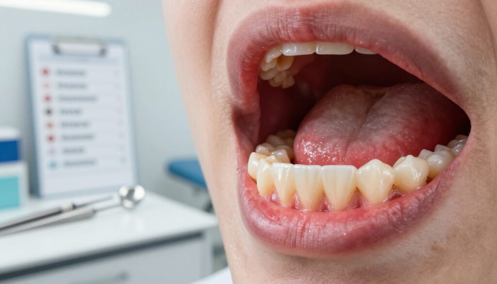 A detailed, high-resolution close-up image of a human oral cavity, showcasing healthy and unhealthy gums, teeth, and potential sources of discomfort. In the foreground, focus on a well-lit model's mouth displaying vibrant, pink healthy gums contrasted with red, inflamed areas to illustrate possible issues. The middle ground should depict dental tools and a chart showcasing common oral ailments arranged neatly with a soft, blurred background of a dentist's office, giving a clinical atmosphere. Utilize soft, natural lighting to enhance the details and textures of the gums and teeth. The shot should be taken from a slight angle, highlighting the depth and structure of the oral cavity, aiming to evoke a sense of concern and professionalism in dental care.