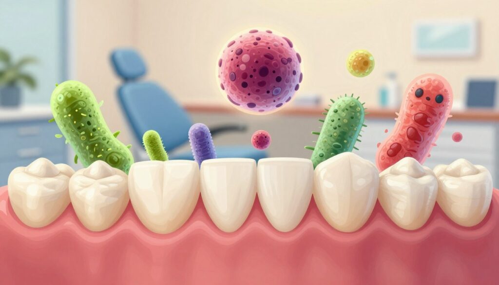 A detailed illustration depicting the common causes of swollen gums, showcasing elements like bacteria, hormones, and dental plaque in a visually engaging manner. In the foreground, display a close-up of healthy and inflamed gums, vividly contrasting their textures and colors. In the middle ground, represent microscopic views of bacteria and dental plaque, artfully blended to indicate their impact on gum health. The background should feature a serene dental clinic setting, with soft, warm lighting creating a calming atmosphere. Use a shallow depth of field to draw focus on the gum area while hinting at the clinical environment. The overall mood should be informative yet soothing, evoking a sense of hope and understanding for readers seeking solutions.