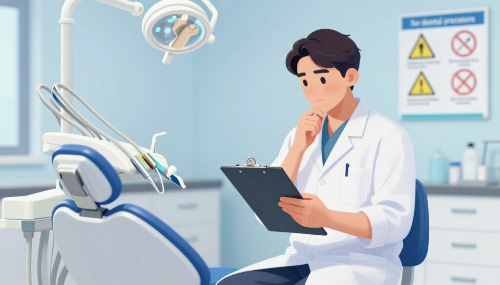 A detailed illustration depicting the concept of "contraindications for dental procedures" in a clinical setting. In the foreground, display a dental chair with pristine instruments, symbolizing surgery preparation. The middle ground features a dentist in professional attire, thoughtfully consulting a clipboard with a thoughtful expression, embodying caution and professionalism. In the background, a calming color palette of soft blues and whites creates a sterile ambiance, accentuated by gentle lighting to evoke a sense of safety and care. A wall-mounted poster highlights various warning signs, visually representing situations when dental surgery should be postponed, such as colds and other ailments. The overall mood is one of professionalism and caution, emphasizing the importance of health considerations in dental care.