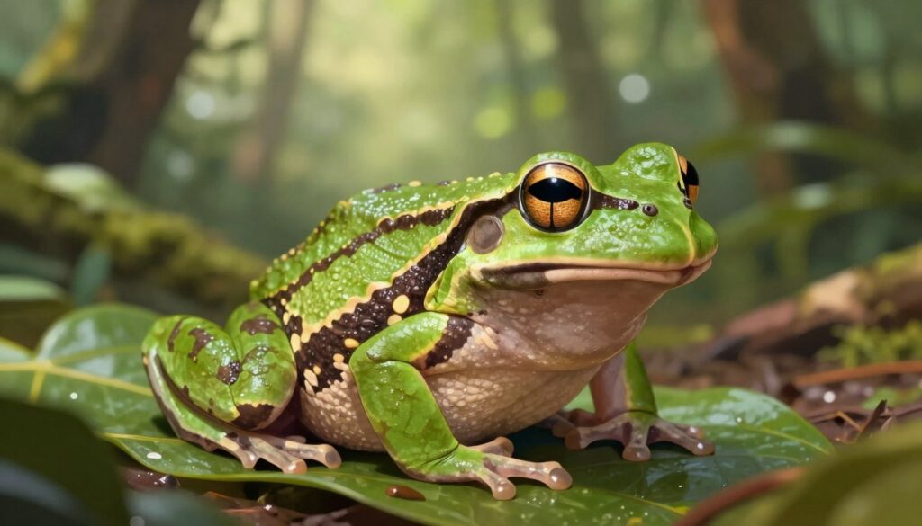 A detailed illustration of a Gastrotheca guentheri, a unique species of frog characterized by its distinctive teeth in both jaws. The foreground features a close-up of the frog perched on a leaf, displaying its vibrant green skin and intricate patterns. The middle ground includes a natural habitat with soft, diffused sunlight filtering through foliage, highlighting the texture of the frog’s skin and the surrounding vegetation. In the background, a blurred rainforest scene adds depth, evoking a serene and damp atmosphere typical of the frog's environment. The lighting is soft and warm, creating an inviting and natural mood. The composition should focus sharply on the frog to emphasize its remarkable dental features, without any text or distractions.