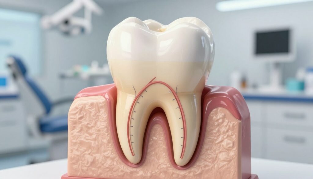 A detailed illustration of a lower first molar, specifically focusing on its seven root canals, displayed in a close-up view. The tooth is shown from a slightly elevated angle to highlight its anatomy, with intricate details of the canals visible inside the roots. The background features a blurred dental examination room, softly lit to create a professional and sterile atmosphere, enhancing the clinical context. The lighting should cast subtle shadows to emphasize the structural depth of the tooth. The overall mood is informative and academic, suitable for a dental study, while ensuring the depiction is safe for work, emphasizing anatomical details without any human elements.