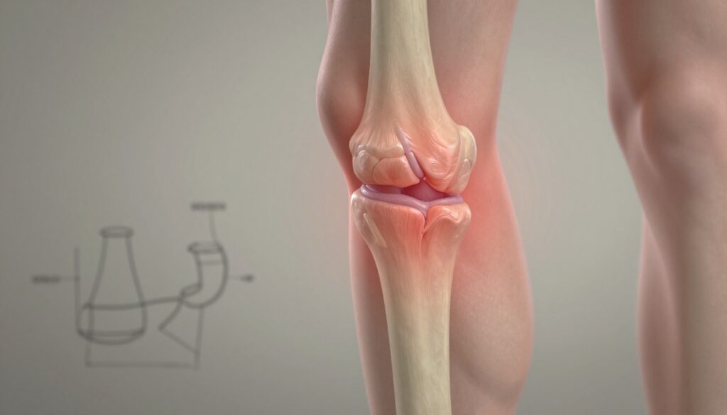 A detailed illustration of an anatomical view of a human leg focusing on the shin area, specifically highlighting the periosteum and its inflammation. The foreground features a close-up of the shin with a clear view of red, swollen periosteum, showcasing the pain associated with osteitis. In the middle ground, a subtle representation of the bone structure supports the context, while the background fades to soft, muted colors to create a clinical atmosphere. Soft diffused lighting emphasizes the inflammation and any medical instruments or diagrams needed for educational purposes. The mood should convey seriousness and a sense of medical urgency, representing the importance of understanding the duration of osteitis and factors affecting recovery, ideal for an informative article.