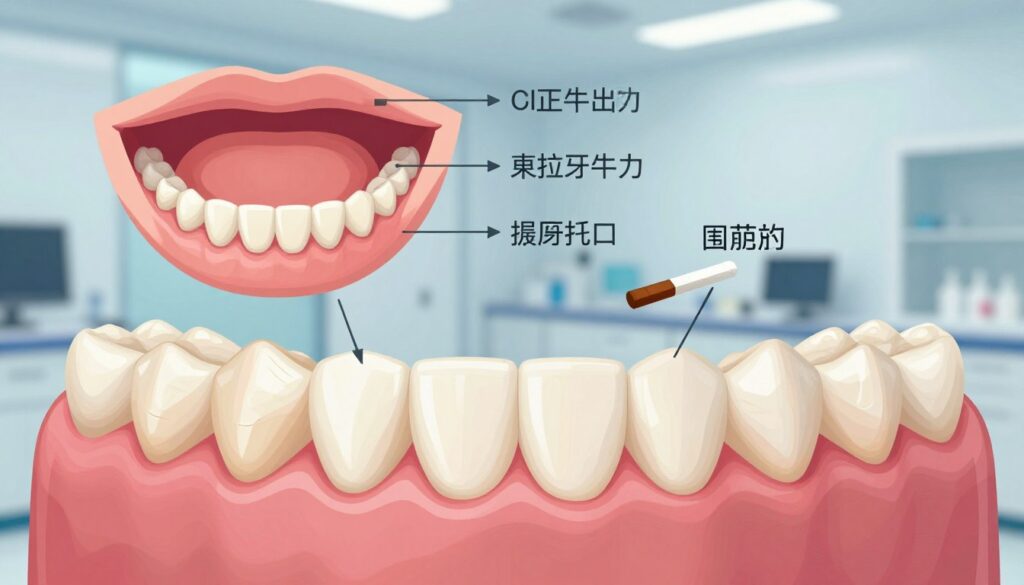 A detailed illustration of gum recession causes, focusing on oral health. In the foreground, depict a vibrant, anatomical representation of gums and teeth, highlighting areas of gum recession with arrows pointing to possible causes such as plaque buildup, aggressive brushing, and tobacco use. In the middle ground, include a stylized human mouth showcasing the transition from healthy to receded gums, accompanied by relevant visual indicators for each cause. The background should feature a subtle dental clinic setting with soft, professional lighting, evoking a sense of cleanliness and healing. Capture this scene at a slightly angled perspective to create depth while maintaining a clinical and informative atmosphere, suitable for an educational article on gum health.