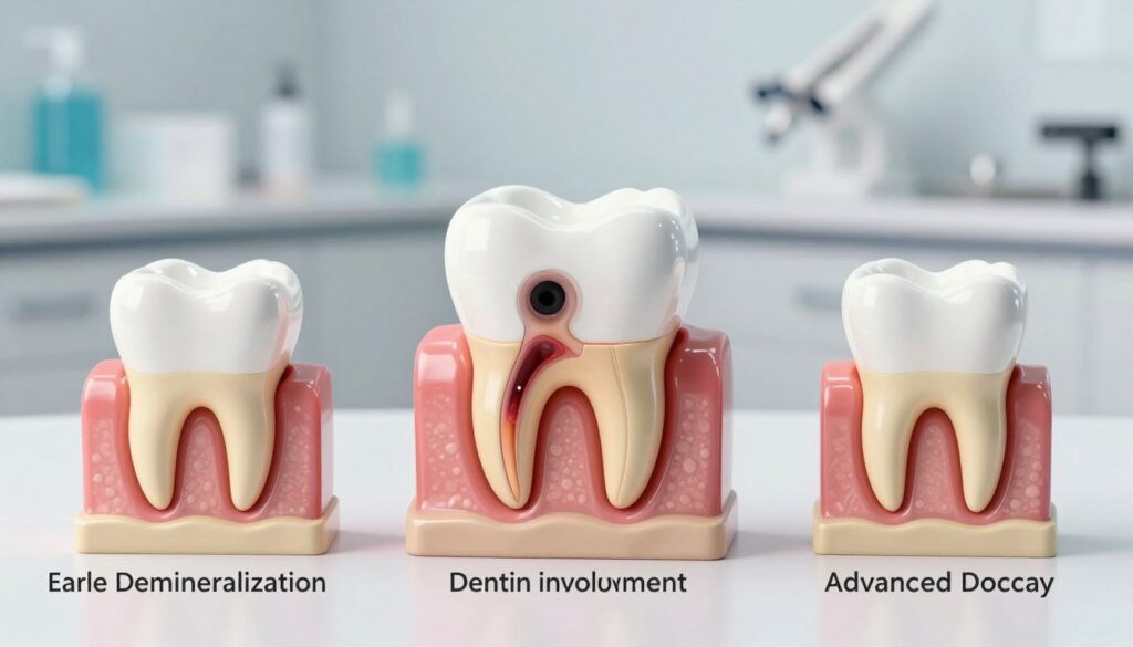 A detailed illustration showing the stages of tooth decay in a clinical and educational style. In the foreground, display four distinct sections labeled clearly but without text, each representing a different stage of caries development: early demineralization, enamel decay, dentin involvement, and advanced decay. The middle section features a realistic tooth model, split in half to reveal the inner structure and affected areas. In the background, include a softly blurred dental clinic setting, enhancing the educational context. Use bright, sterile lighting to emphasize cleanliness, with a slight focus on the tooth model to draw attention. The atmosphere should be informative and precise, suitable for a professional audience, while ensuring a clear visual narrative of tooth decay progression.