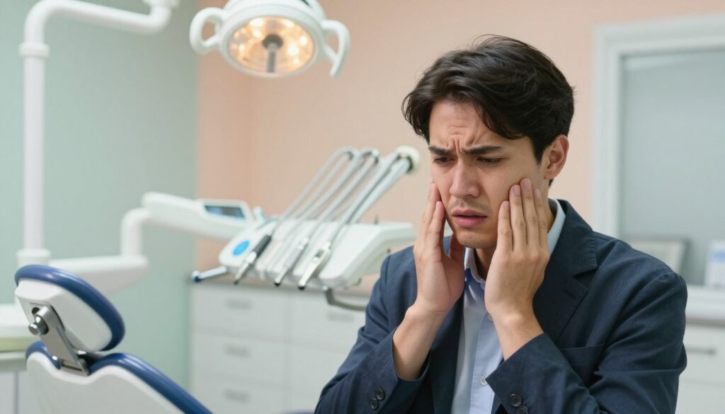 A detailed, informative scene depicting a person experiencing dental discomfort due to a suspected tooth abscess. In the foreground, a worried individual holds their cheek, showing a look of concern while dressed in professional attire. The middle ground includes a dental clinic setting, featuring a dental chair, various dental tools, and a bright overhead light illuminating the space. The background portrays a calming yet sterile environment with soft pastel colors, emphasizing cleanliness and safety. The lighting is bright, giving a clinical feel, while the overall mood reflects a balance of anxiety and the pursuit of relief. The angle is slightly from above, capturing both the individual and the dental office atmosphere.