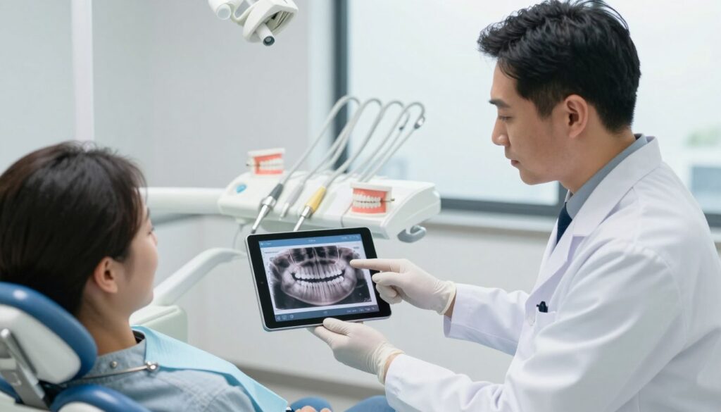 A detailed medical consultation scene in a well-lit dental clinic. In the foreground, a dentist inprofessional attire, wearing a lab coat and gloves, discusses a treatment plan with a patient seated in a dental chair. The dentist is pointing at an open digital tablet displaying dental images and treatment options. In the middle ground, shelves filled with dental tools and models of teeth create an environment that feels clinical yet welcoming. The background features a bright, sterile room with large windows providing natural light, reflecting a calm and reassuring atmosphere. The focus is on the interaction and the technology, emphasizing clarity and professionalism. The overall mood is informative and supportive, suitable for a critical healthcare discussion.