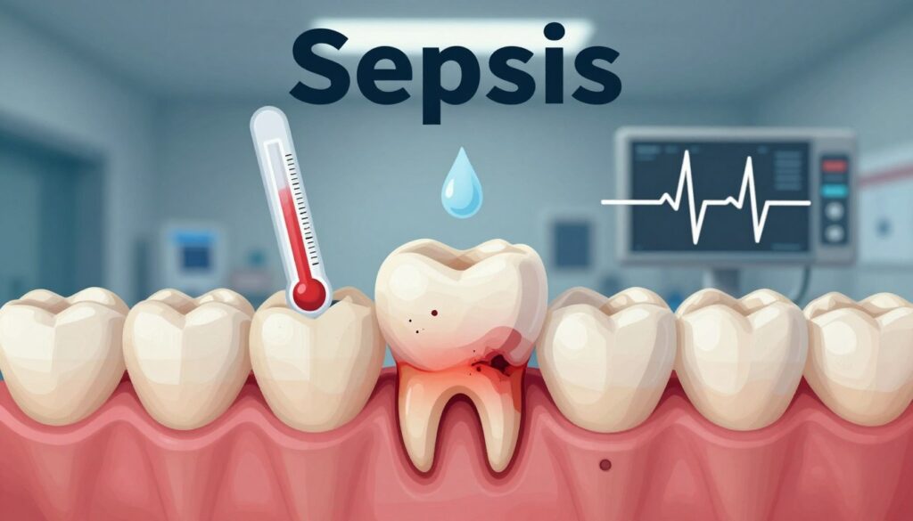 A detailed medical illustration depicting the signs of sepsis originating from a dental infection. In the foreground, a close-up of a human mouth highlighting a decayed tooth with visible signs of inflammation and swelling around the gum line. In the middle ground, various symptoms of sepsis are represented symbolically, such as a thermometer displaying a high fever, a droplet of sweat indicating chills, and a heartbeat monitor showing elevated heart rate. In the background, a muted hospital environment evokes urgency, with soft overhead lighting emphasizing the clinical setting. The overall mood is serious and educational, focusing on raising awareness about alarming symptoms related to dental infections. A detailed medical illustration depicting the signs of sepsis originating from a dental infection. In the foreground, a close-up of a human mouth highlighting a decayed tooth with visible signs of inflammation and swelling around the gum line. In the middle ground, various symptoms of sepsis are represented symbolically, such as a thermometer displaying a high fever, a droplet of sweat indicating chills, and a heartbeat monitor showing elevated heart rate. In the background, a muted hospital environment evokes urgency, with soft overhead lighting emphasizing the clinical setting. The overall mood is serious and educational, focusing on raising awareness about alarming symptoms related to dental infections.