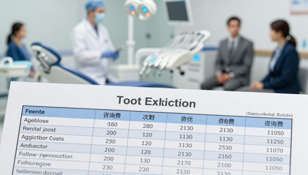 A detailed, professional medical bill layout prominently displaying itemized additional costs associated with dental procedures, specifically focusing on tooth extraction expenses. In the foreground, a neatly organized row of medical items like anesthesia, consultation fees, and follow-up visits, clearly labeled with accompanying prices. The middle ground features a blurred image of a dentist's office, showcasing dental tools and sterile equipment, suggesting a clinical environment. The background shows a faint outline of a waiting room with patients in professional attire, conveying a sense of urgency and concern. The lighting is soft yet bright, emulating the clean, sanitized atmosphere of a dental clinic. The overall mood is informative and serious, perfect for illustrating financial aspects in healthcare. A detailed, professional medical bill layout prominently displaying itemized additional costs associated with dental procedures, specifically focusing on tooth extraction expenses. In the foreground, a neatly organized row of medical items like anesthesia, consultation fees, and follow-up visits, clearly labeled with accompanying prices. The middle ground features a blurred image of a dentist's office, showcasing dental tools and sterile equipment, suggesting a clinical environment. The background shows a faint outline of a waiting room with patients in professional attire, conveying a sense of urgency and concern. The lighting is soft yet bright, emulating the clean, sanitized atmosphere of a dental clinic. The overall mood is informative and serious, perfect for illustrating financial aspects in healthcare.