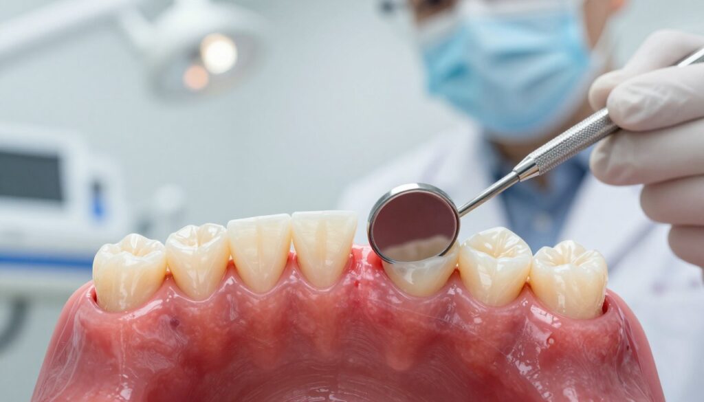 A detailed, realistic illustration of a dental bridge in a patient’s mouth, showcasing the gum area affected by inflammation. In the foreground, emphasis on the bridge fitting snugly over two abutment teeth, demonstrating the connection and support. The gums beneath the bridge should appear swollen and red, indicating irritation or infection. In the middle ground, a clinical dentist’s hand can be seen holding a dental mirror, examining the area closely. The background features a soft-focus dental operatory setting, with bright, sterile lighting highlighting the examination. The atmosphere is clinical and professional, aiming to evoke a sense of seriousness about dental health and the care needed for gum inflammation under dental bridges.