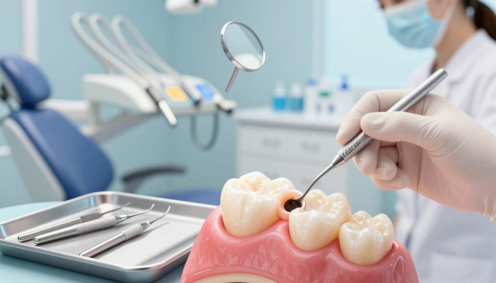 A detailed, realistic illustration of a dental setting focused on a "fleczer," featuring a close-up view of a tooth with a dental filling. In the foreground, a shiny fleczer rests on a small tray beside dental tools, emphasized by a soft, diffused light that highlights its texture. The middle ground includes a dental chair and a mirror reflecting the hygienist's hands wearing gloves, preparing for the procedure. The background showcases dental equipment with a calming, sterile atmosphere, using cool colors and gentle lighting to create a sense of professionalism and serenity. The overall mood conveys careful attention to dental health and patient care, ideal for a dental article segment.