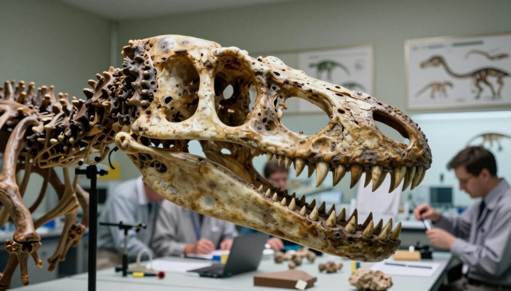 A detailed reconstruction of the skull of the Nigerosaurus, a dinosaur renowned for its astounding number of teeth. The foreground features the intricately detailed skull, showcasing 500 sharp teeth, with a textured, weathered bone appearance. In the middle ground, include paleontologists examining fossils and measuring the skull, dressed in professional attire, with tools scattered around. In the background, depict a research laboratory with paleontological specimens and diagrams on the walls, illuminated by soft, diffused lighting to create a scholarly atmosphere. Use a realistic lens perspective to focus on the skull while gently blurring the background, emphasizing the discovery's scientific significance and kinship to earth's ancient past.