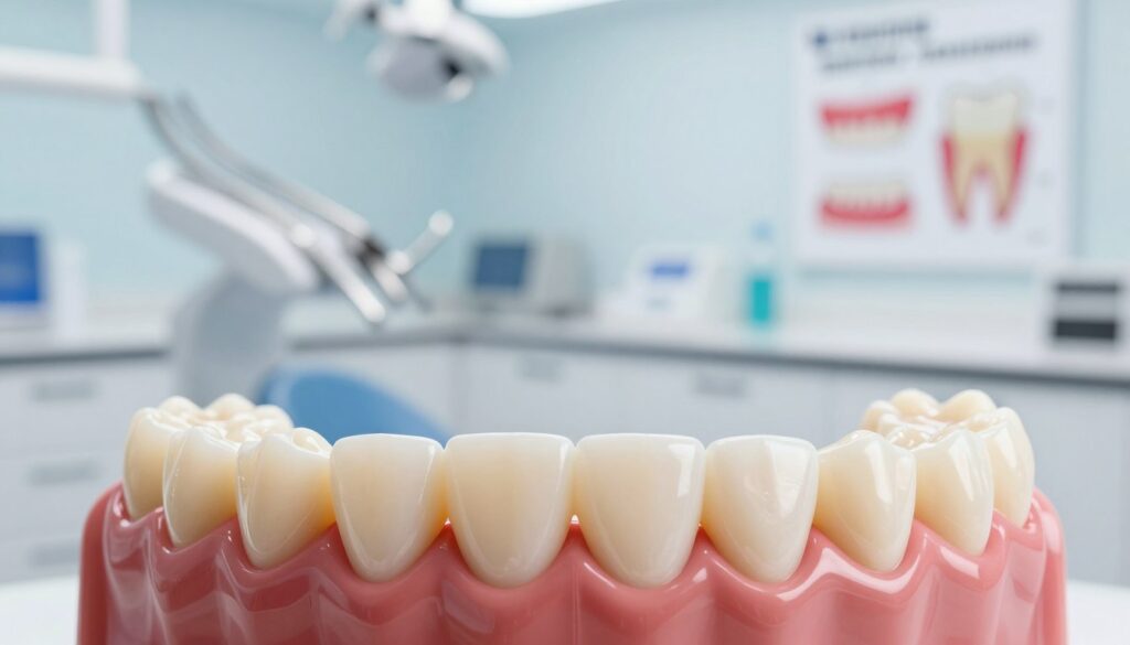 A detailed visual representation of both primary teeth and permanent teeth. In the foreground, showcase a set of human teeth: a mix of shiny, clean baby teeth alongside their adult counterparts, illustrating the contrast between the two. The middle ground should depict a gentle, bright dental clinic with a soft focus on dental tools and educational charts on teeth development. The background features a calming blue and white color scheme, symbolizing cleanliness and professionalism. Incorporate soft, natural lighting to create a warm atmosphere, and use a close-up angle to emphasize the dental elements. The overall mood should be informative and engaging, aimed at educating viewers about dental development. Ensure no human subjects are present in the image.